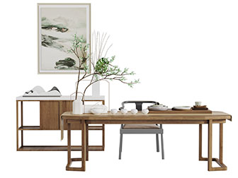 中式实木长方形茶桌椅组合