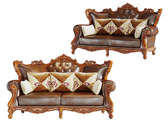 欧式雕花实木边框的真皮多人沙发