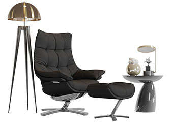 现代黑色布艺休闲椅子脚踏