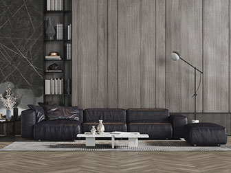 后现代黑色皮革转角多人沙发茶几组合