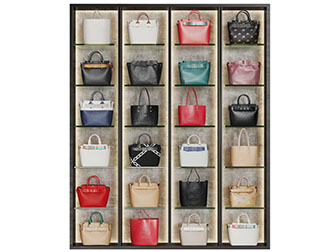 现代服装店装饰灯带的皮包货架展柜