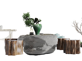 中式树枝石头茶桌木桩组合