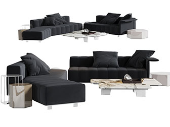 现代黑色块状多人沙发茶几组合