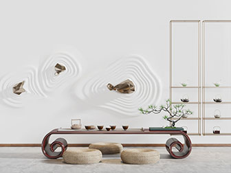 中式卷曲支架的实木茶桌蒲团坐垫