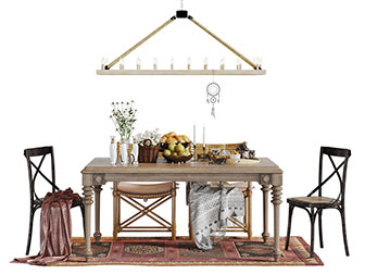 美式实木长方形餐桌椅组合