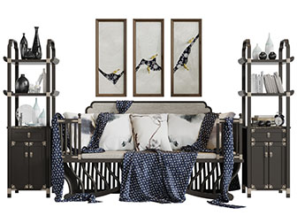 中式雕花装饰的多人沙发装饰柜