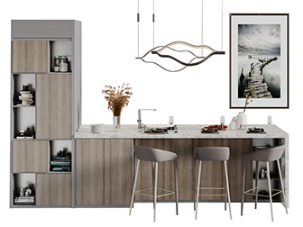 现代实木柜门大理石台面吧台吧椅