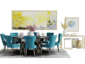 简欧圆形餐桌蓝色餐椅组合