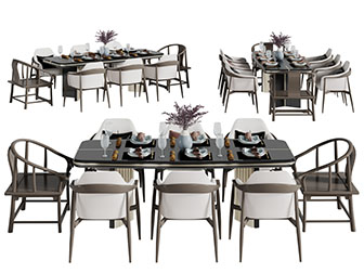 新中式灰白色长方形餐桌椅组合