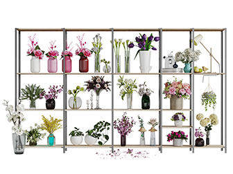 现代装饰置物架上的花瓶花卉