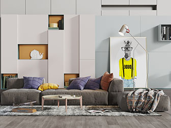 北欧布艺多人沙发方形坐墩和圆形茶几组合