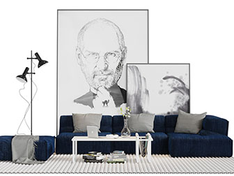 现代蓝色布艺转角沙发茶几组合