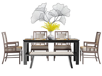 中式实木长方形餐桌椅凳组合