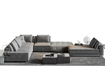 现代灰色转角多人沙发贵妃椅茶几组合