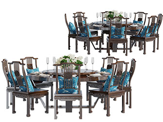 中式实木圆形带转盘的餐桌椅组合