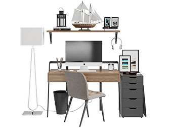 北欧墙面带收纳架的书桌椅组合