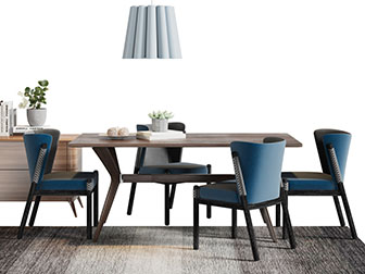 北欧实木餐桌搭配蓝色餐椅组合