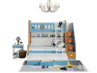 美式蓝色实木带梯子收纳箱上下床