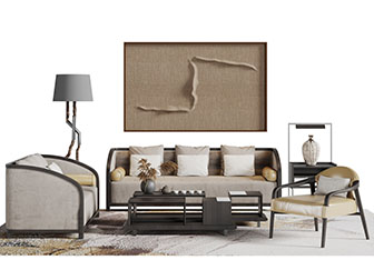 新中式多人单人沙发休闲椅子茶几组合