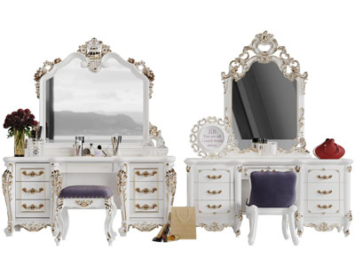 欧式金色雕花装饰的白色化妆梳妆台