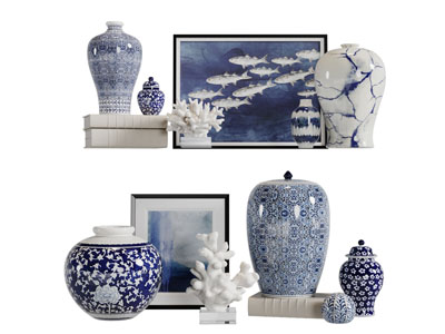 白色隔板上的青花瓷装饰品摆件置物架