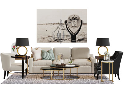 美式白色布艺多人单人沙发茶几组合