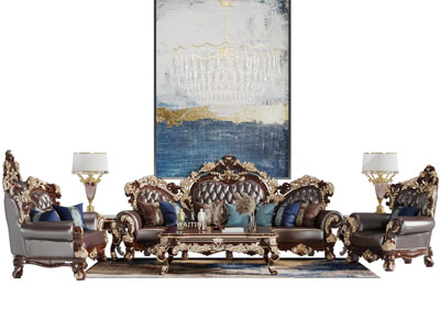 欧式镶金雕花构件多人双人沙发组合