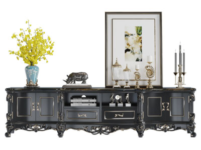 欧式黑色雕花装饰的电视柜