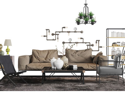 现代咖啡色多人沙发休闲椅子茶几组合