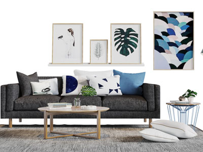 北欧灰黑色多人沙发茶几组合