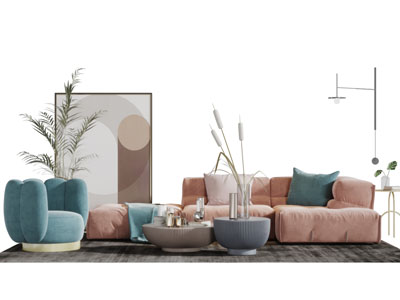 现代轻奢布艺无扶手多人沙发茶几组合