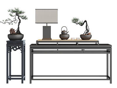新中式实木端景台花架盆景3d模型 新中式实木端景台花架盆景