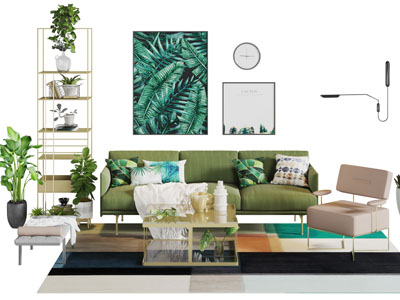 现代轻奢果绿色布艺多人单人沙发茶几组合