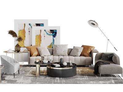 现代多人单人沙发圆形茶几组合