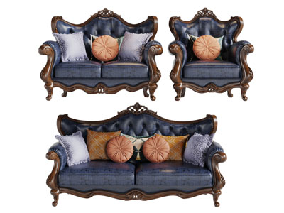 欧式皮革实木雕花边框的多人双人单人沙发组合