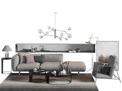 现代灰色布艺多人沙发茶几休闲椅子组合