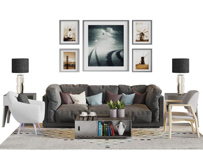 现代布艺多人沙发休闲椅子茶几组合