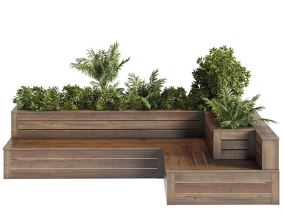 现代实木带公共椅的转角花坛