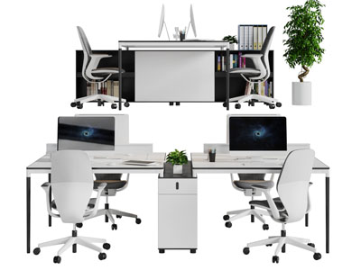 现代双人位白色办公桌椅组合