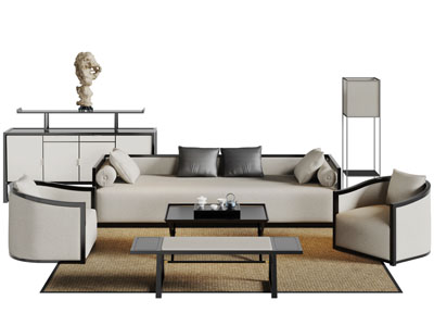 新中式白色多人单人布艺沙发茶几组合