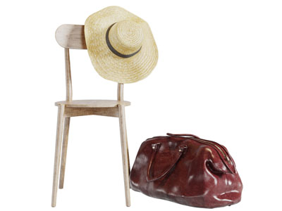 北欧实木椅子草帽和行李包