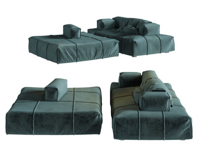 现代墨绿色块状方形双向多人沙发