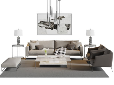 现代灰色布艺多人沙发茶几组合