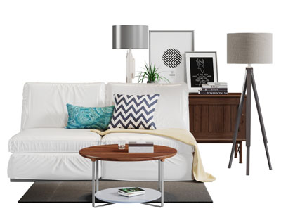 北欧白色布艺双人沙发茶几组合