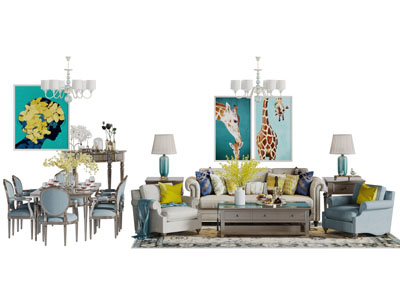 美式布艺多人单人沙发茶几组合