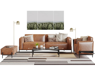 后现代橙色多人单人沙发组合