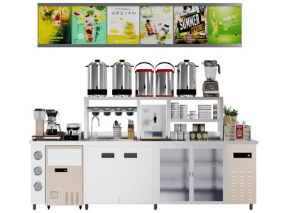 现代奶茶店饮料食品料理台橱柜3d模型 现代奶茶店饮料食品料理台橱柜