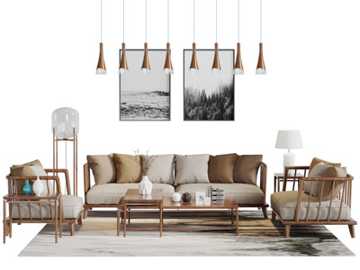 新中式实木边框的多人单人沙发茶几组合