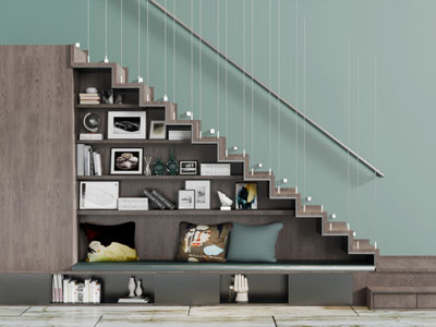 现代灰色装饰卡座装饰架的楼梯3d模型 现代灰色装饰卡座装饰架的楼梯