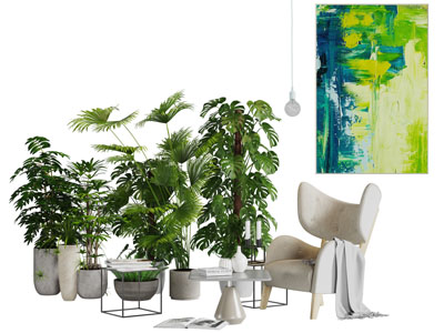 北欧休闲椅子茶几盆栽植物